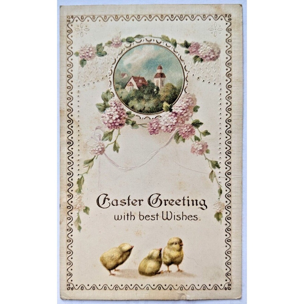 Vintage Antique Easter Postcard Cute Chicks Hydrangeas Embossed Posted 1914